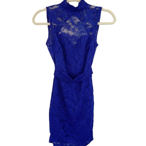 Windsor XS Royal Blue Floral Lace High Mock Neck Sleeveless Backless Mini Dress - Picture 2 of 6